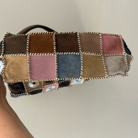 Hand Crafted Artisan Suede Patchwork Floral Embroidered Boho Zipper Tote Bag - Picture 5 of 8